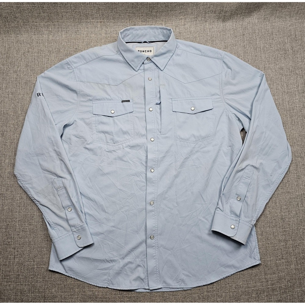 Poncho Shirt Mens Large Blue Slim Fit Snap Front Reedy Land Co Embroidered